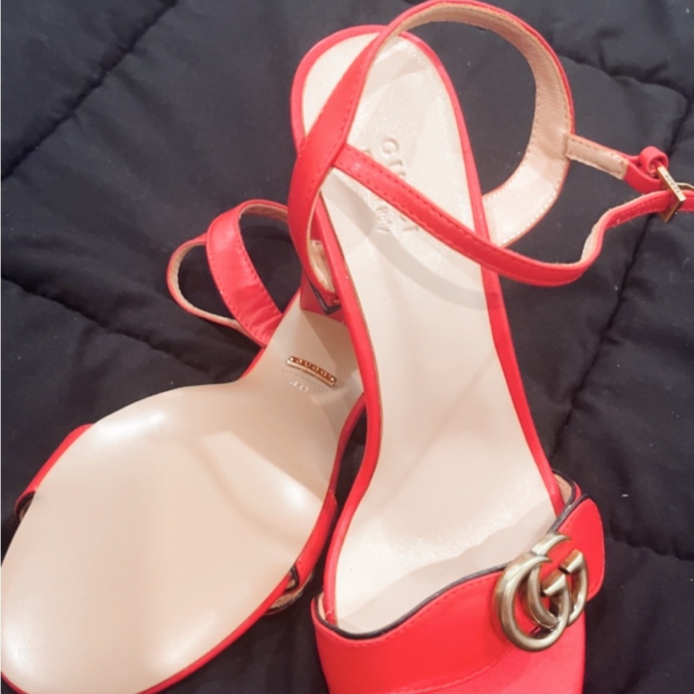 Gucci Red Leather Open-Toe Ankle-Strap Sandals with Double G
